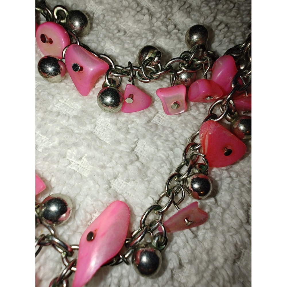 Jewelry Set Pink Shell Chip Silver Tone Ball Bead Layered Necklace Earrings - Picture 3 of 3